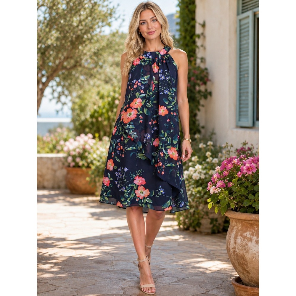 Vince Camuto Floral Sheer Sleeveless Halter Neck Lined Dress Blue Size 8